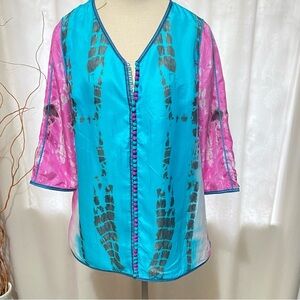 Soft Surroundings 100% Silk Long Sleeve Blouse Tie Dye w/Trim and Buttons Size M